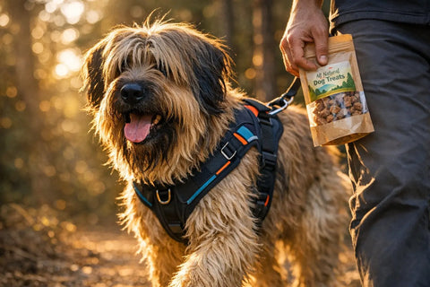 Large dog wearing a no-pull harness during a calm walk in 2025