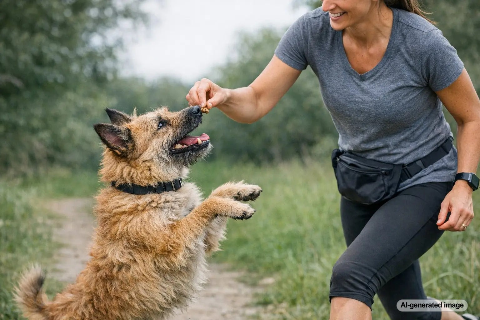 Dog enjoying limited ingredient treats with fish, lamb, and other protein options nearby