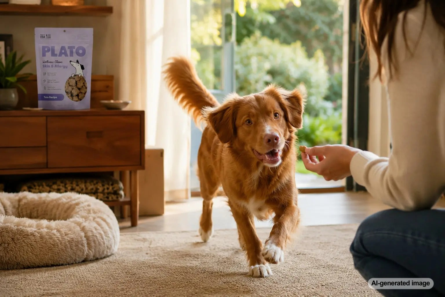 Dog with a healthy shiny coat enjoying skin and coat support treats from Plato Pet Treats