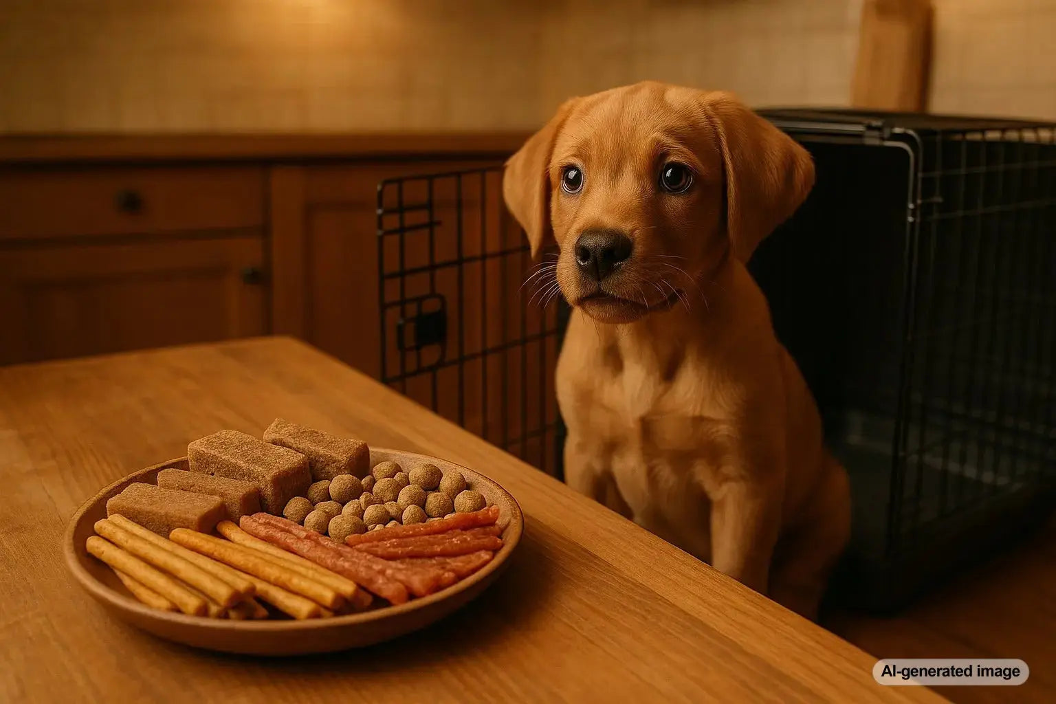Puppy crate training with healthy dog treats