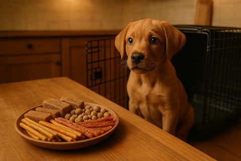 Puppy crate training with healthy dog treats