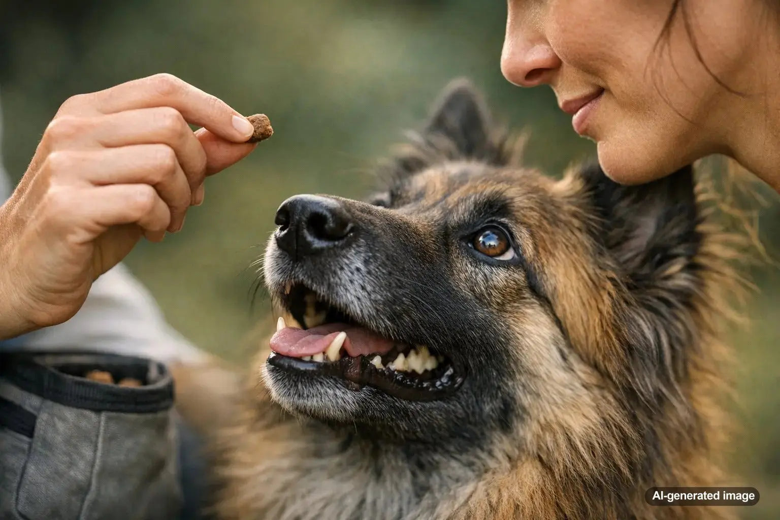 Dog practicing advanced training and off-leash recall with small reward treats