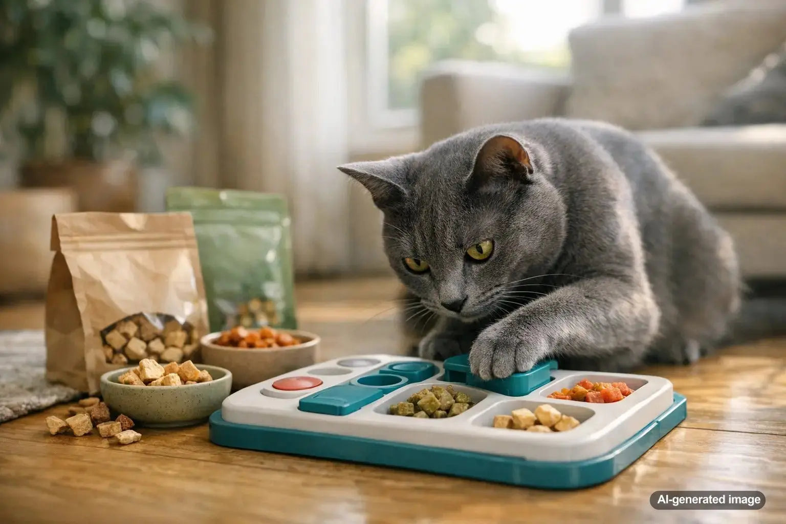 Food motivated cat enjoying puzzle toys with healthy cat treats