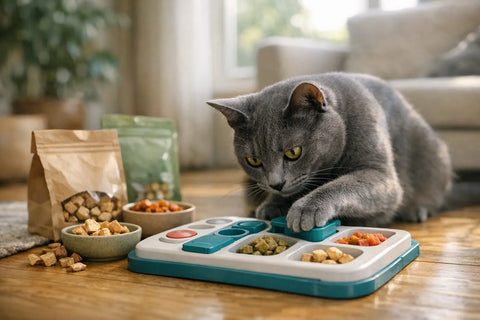 Food motivated cat enjoying puzzle toys with healthy cat treats