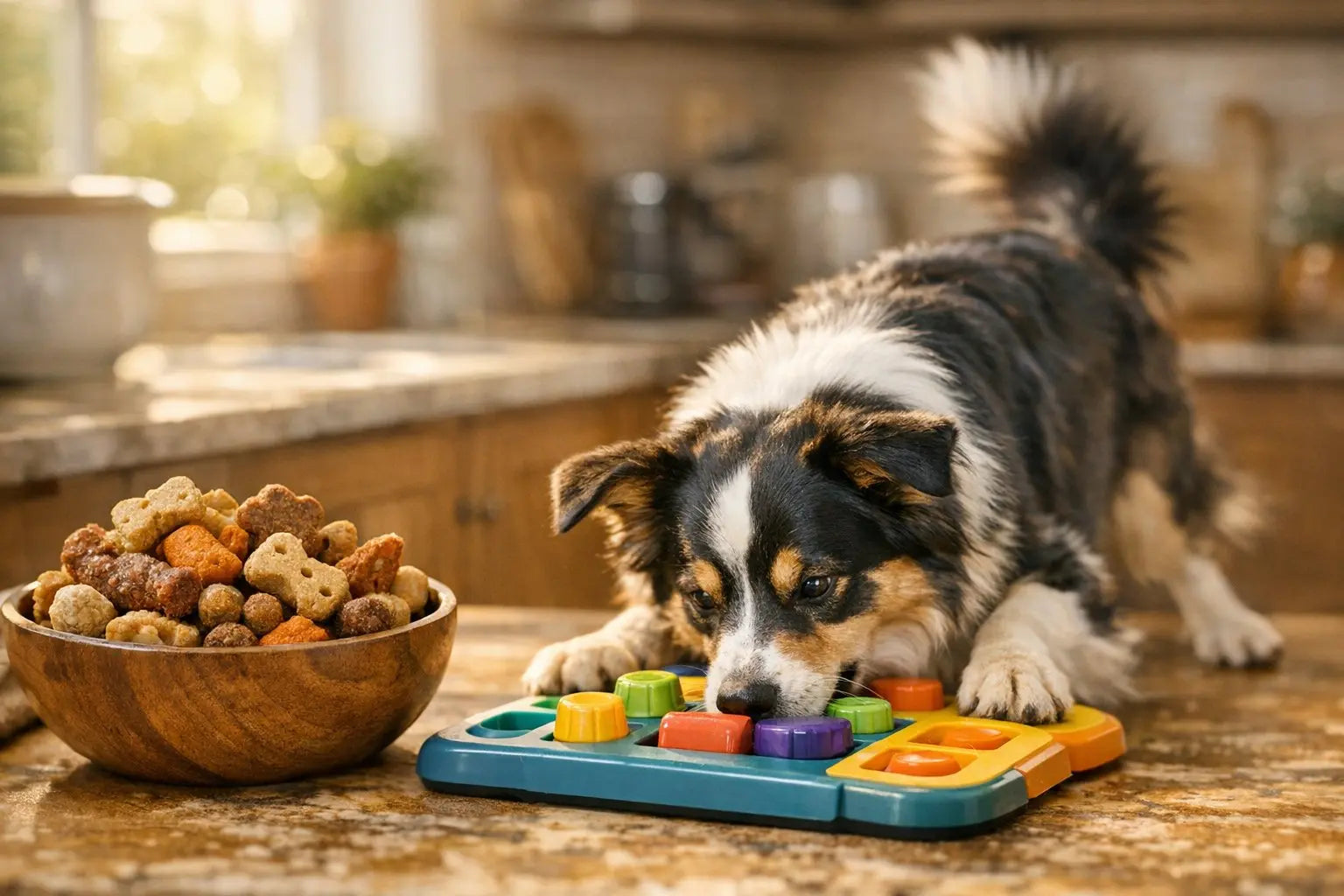 Dog enjoying puzzle toy with treats to stay mentally stimulated