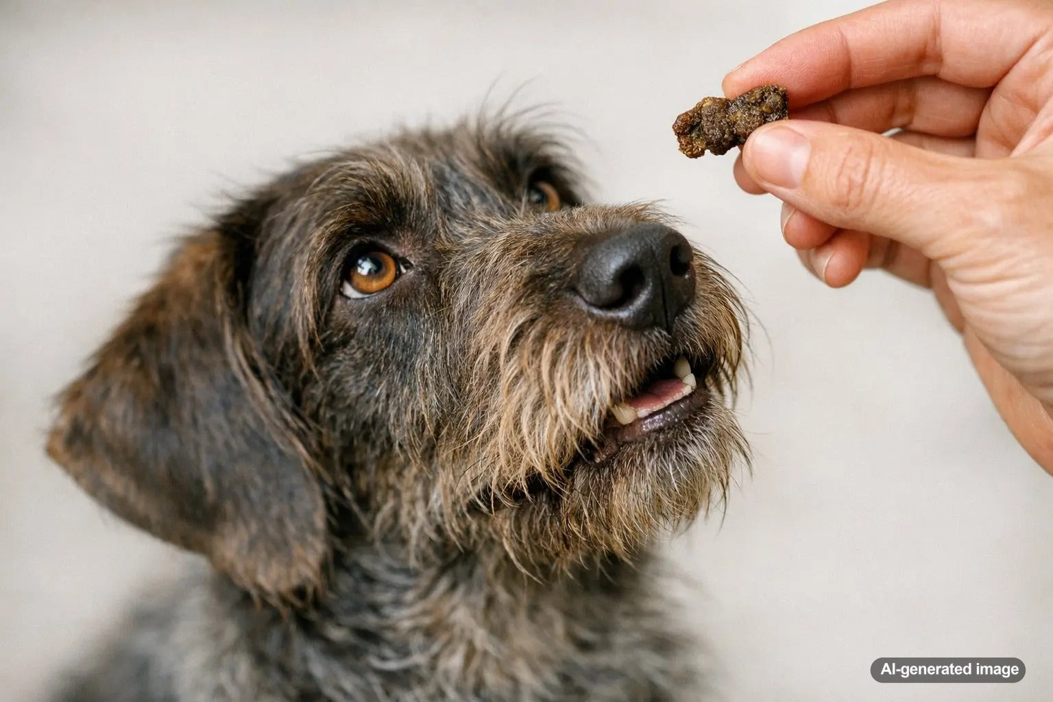 Dog receiving an air-dried treat during positive reinforcement training