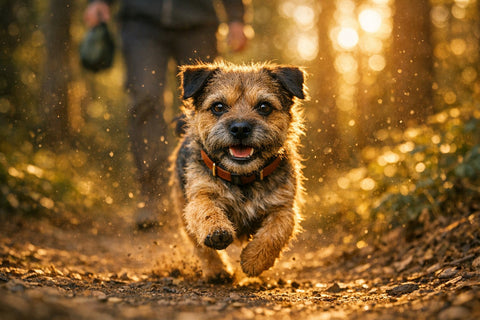 Border Terrier sitting outdoors, ready for safe off-leash training and recall practice