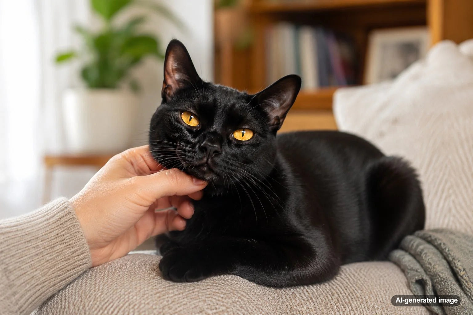 Glossy black Bombay cat with a sleek patent leather coat and affectionate love bug personality