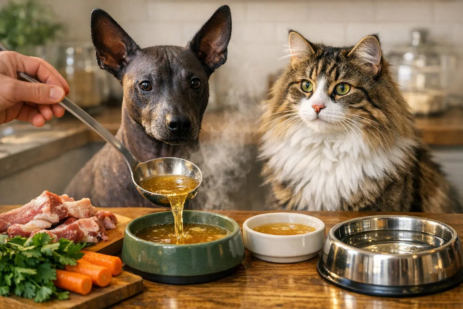 Dog and cat beside warm bone broth bowls on a kitchen counter illustrating natural collagen and hydration benefits