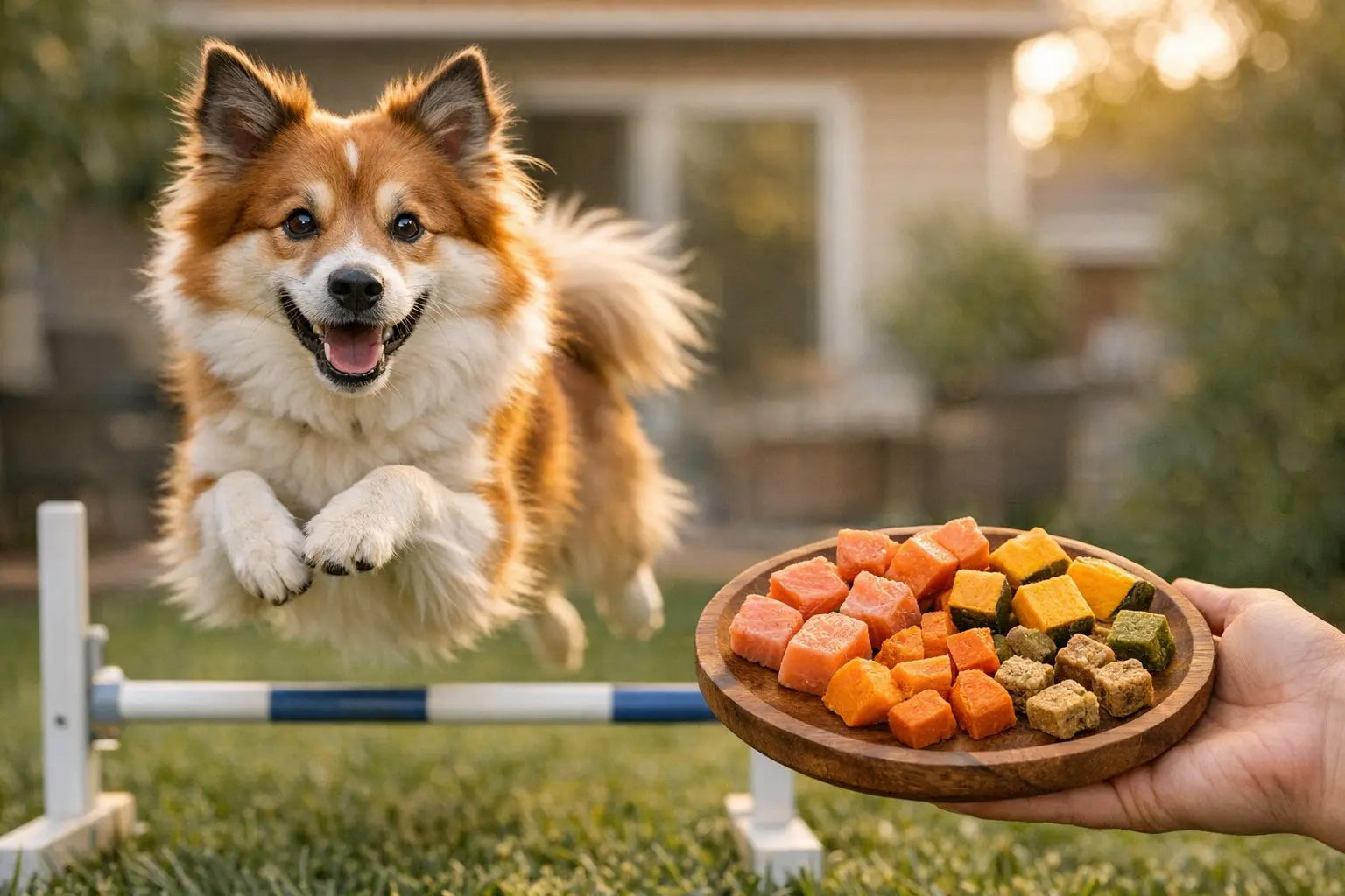 Active dog enjoying outdoor play with mobility-supporting treats featured