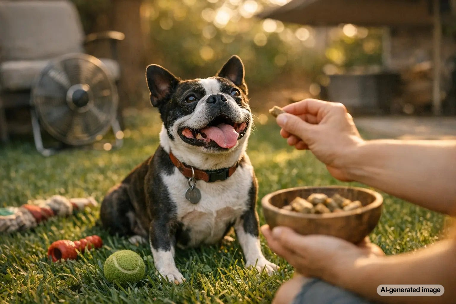 Boston Terrier outdoors with guidance on breathing, play, and heat safety
