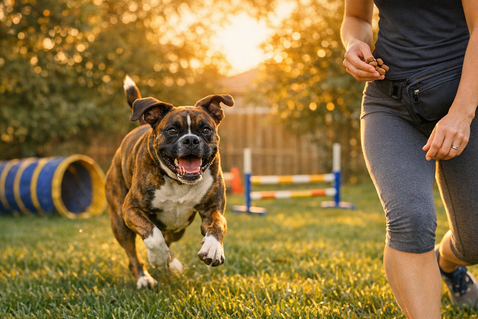 Boxer dog running with playful zoomies during an outdoor fitness routine
