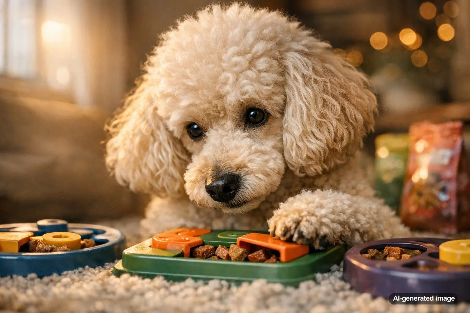 Brain games and training activities helping a smart poodle develop good manners