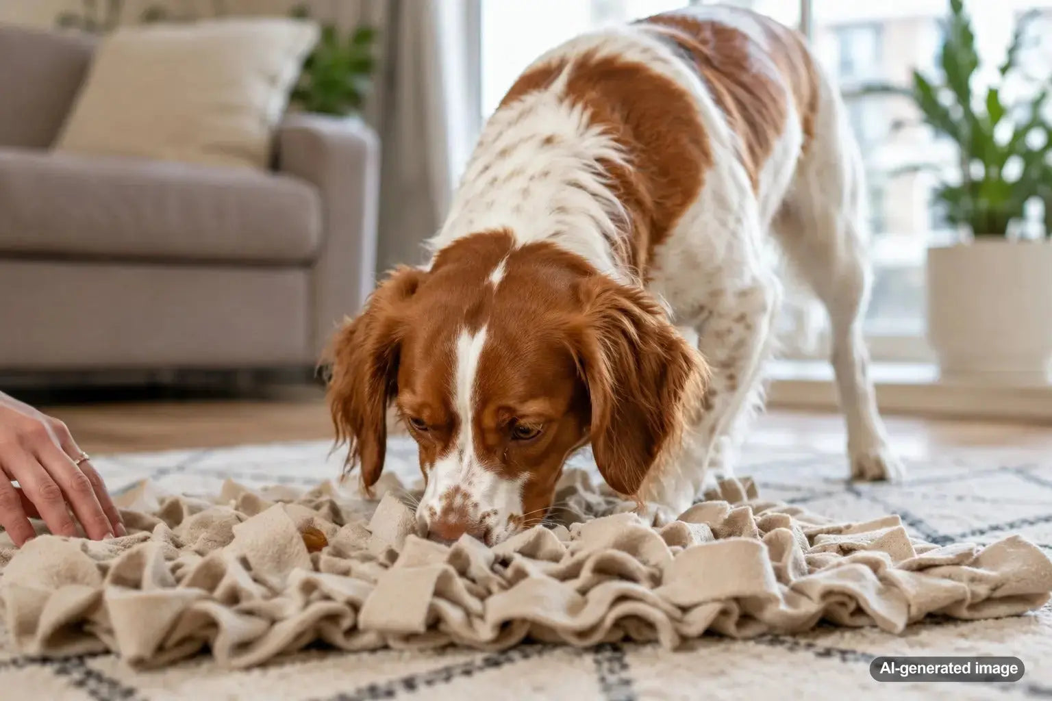 Brittany dog enjoying simple hunting lite enrichment games in a city setting