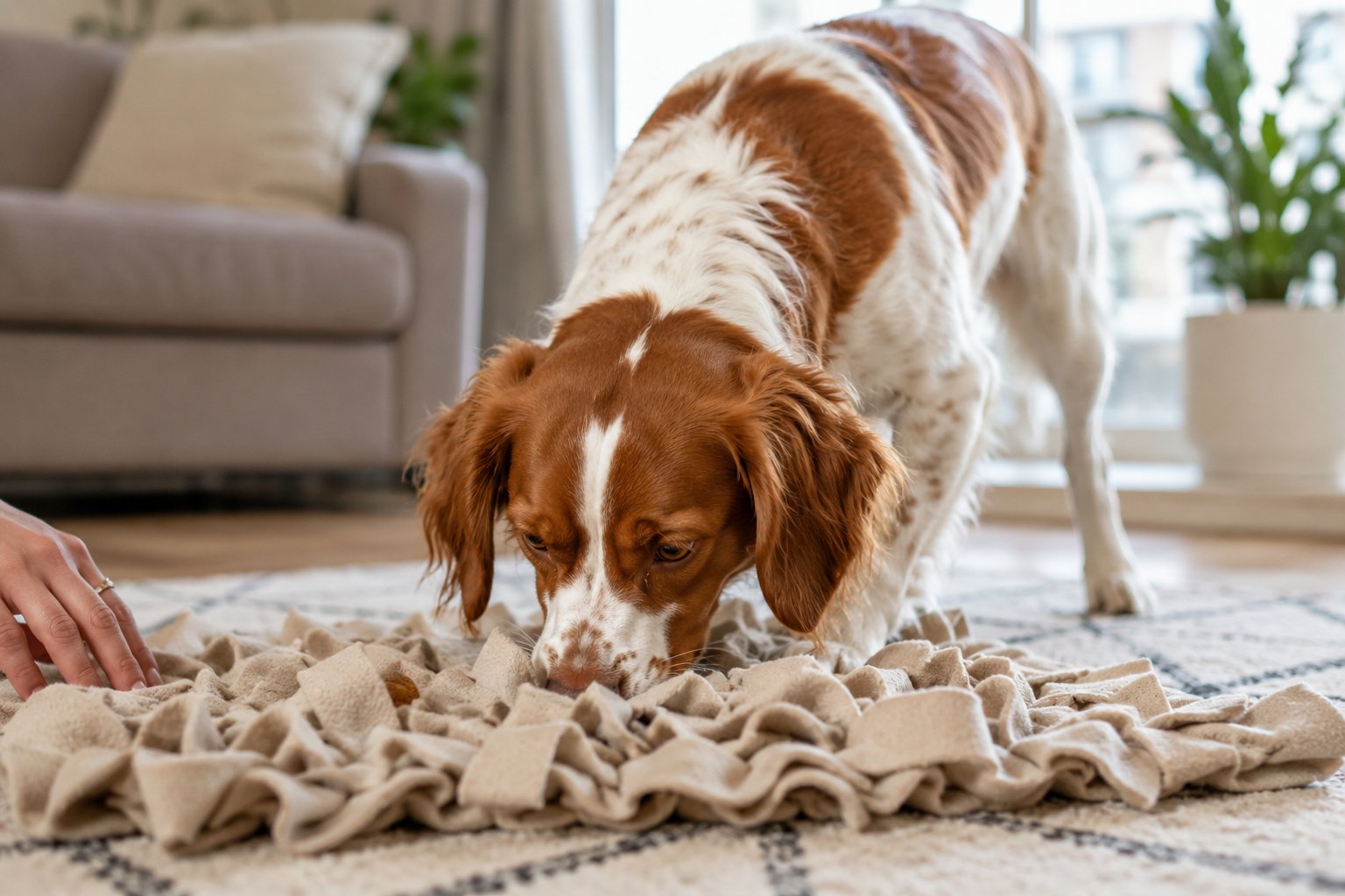 Brittany dog enjoying simple hunting lite enrichment games in a city setting