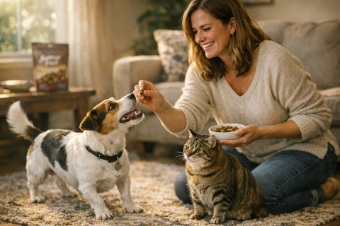 Dog and cat enjoying healthy treats as part of a balanced daily treat routine