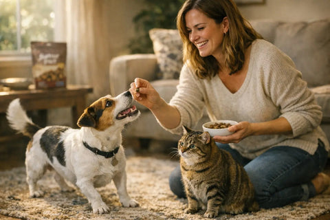 Dog and cat enjoying healthy treats as part of a balanced daily treat routine
