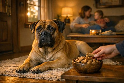 Bullmastiff standing alert at home showcasing calm guarding instincts