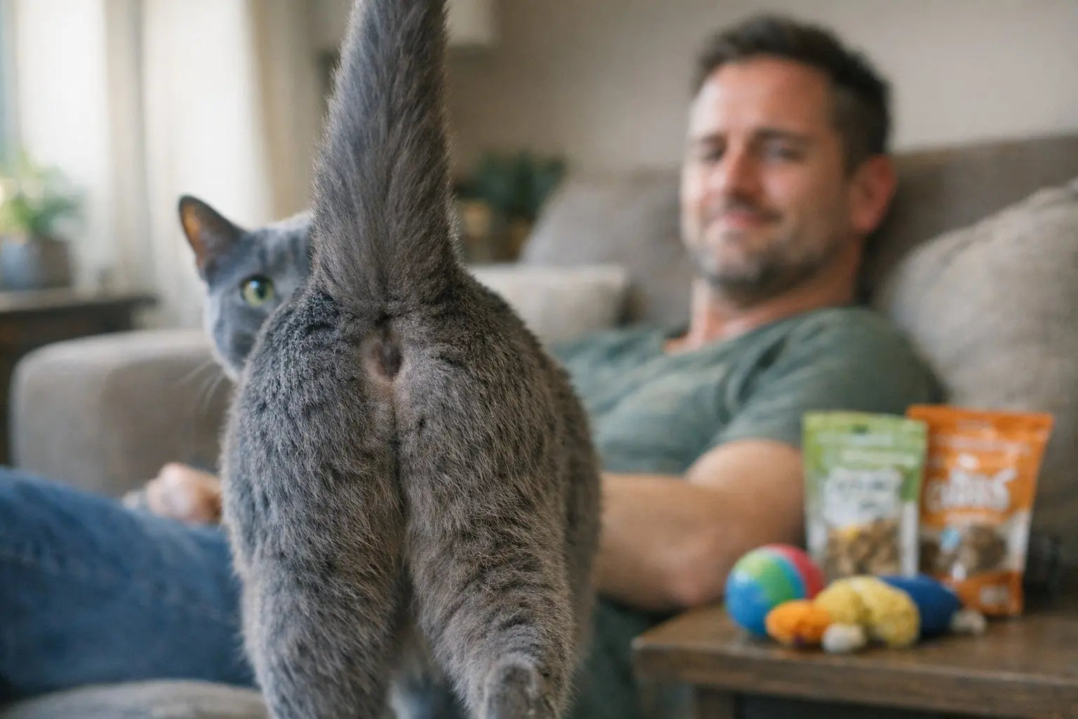 Cat presenting its rear end as a sign of trust and quirky affection