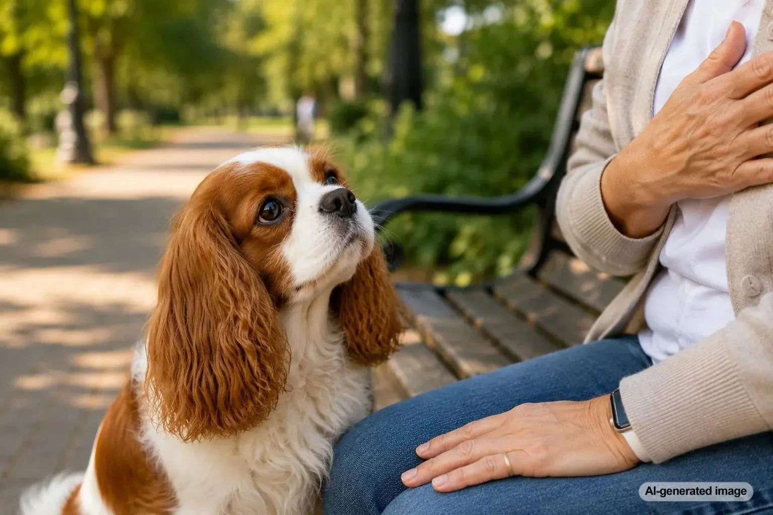 Cavalier King Charles Spaniel resting attentively beside its owner at home