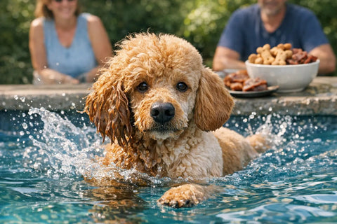 Poodle swimming confidently with a well-groomed coat affecting swimming performance