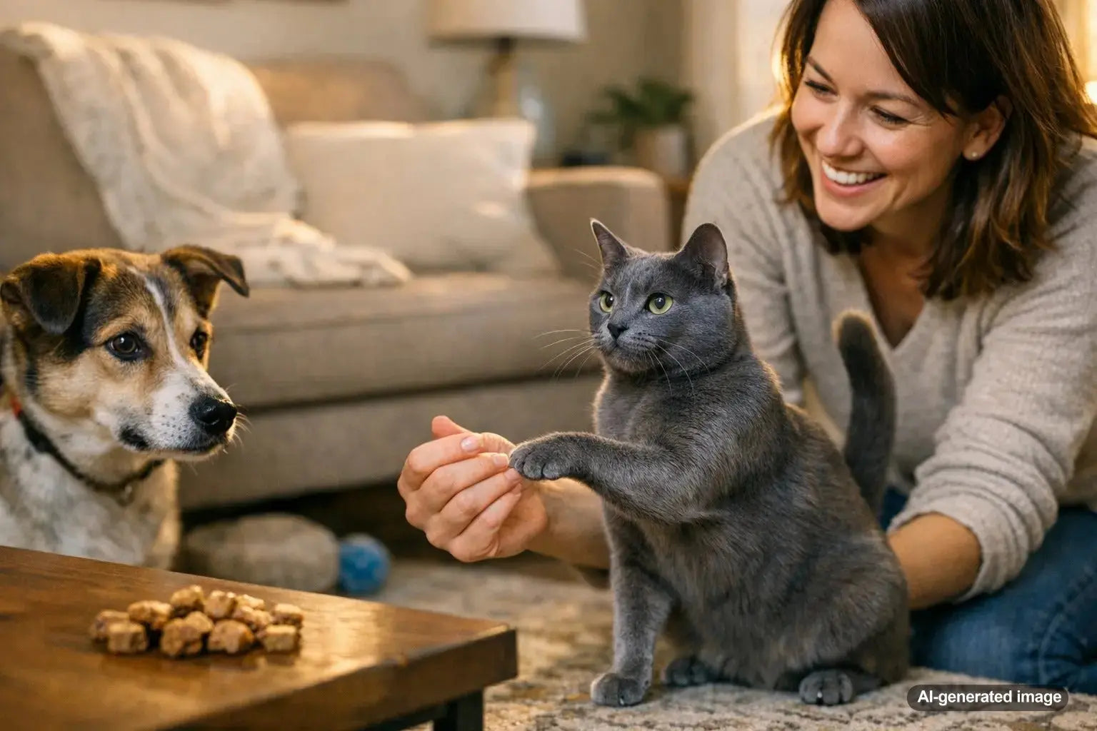 Cat learning dog-like commands with training treats at home