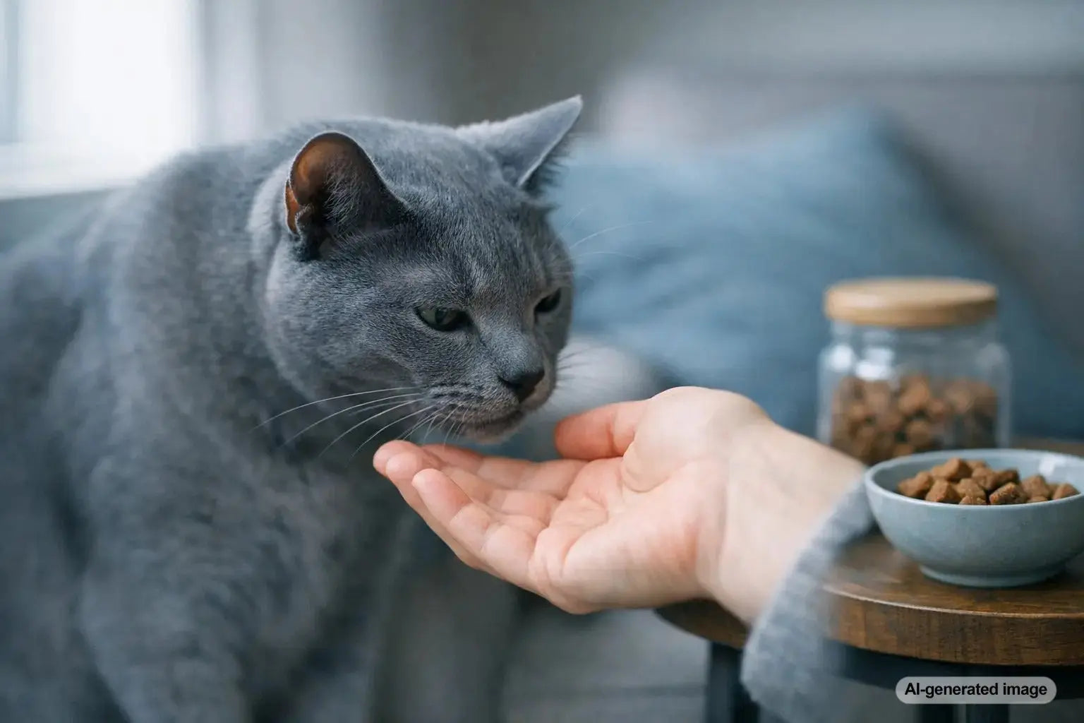 Curious cat closely observing a relaxed human at home