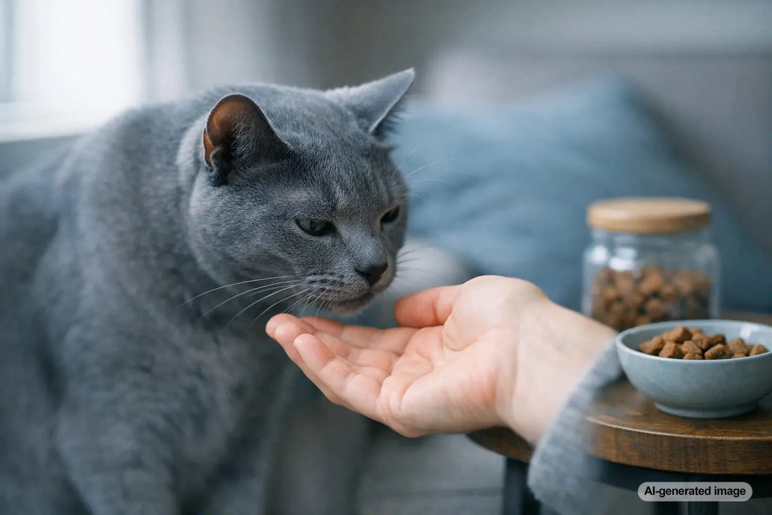 Curious cat closely observing a relaxed human at home