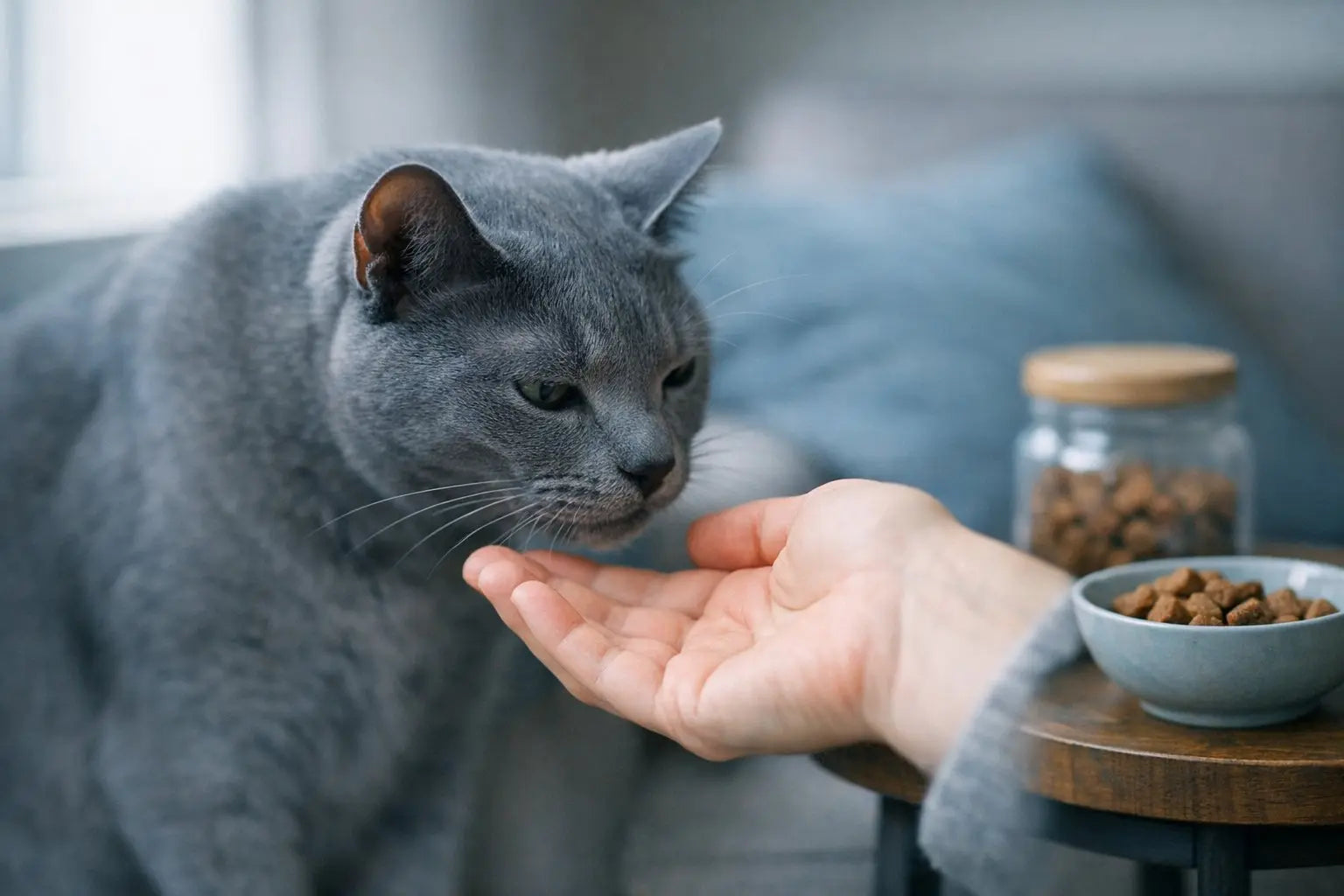 Curious cat closely observing a relaxed human at home