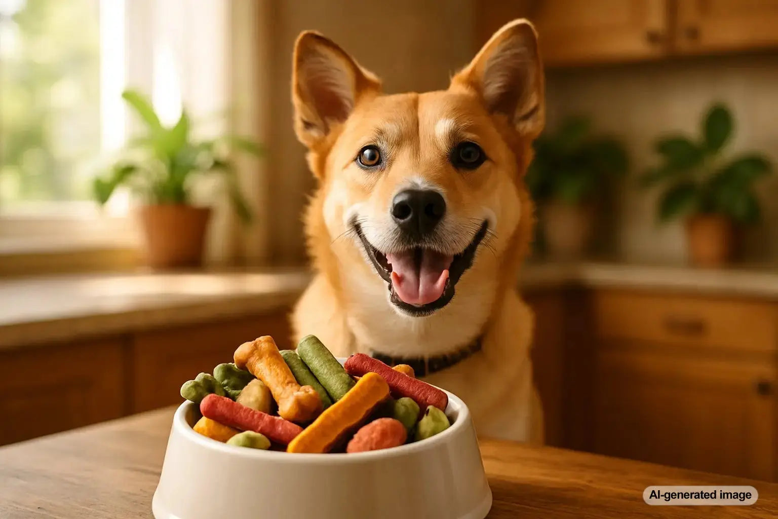 A happy dog enjoying a probiotic treat from Plato Pet Treats