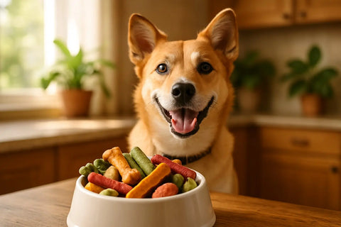 A happy dog enjoying a probiotic treat from Plato Pet Treats