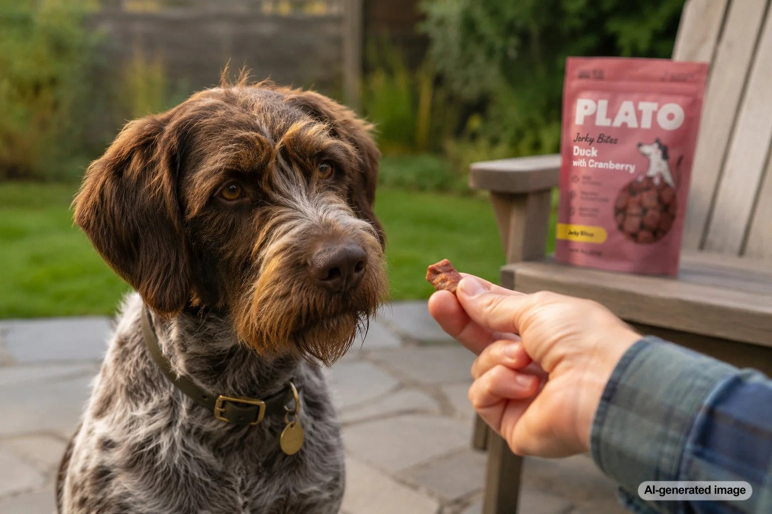 Dog enjoying duck treats as part of a balanced daily treat routine