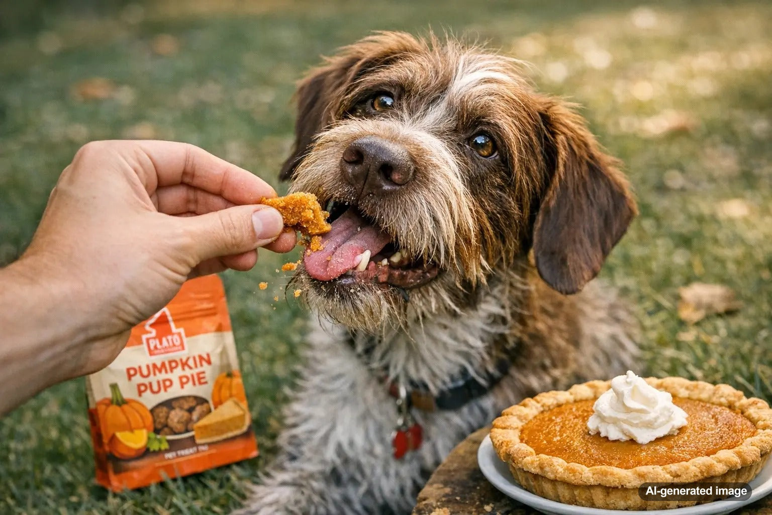 Dog looking at pumpkin pie with a reminder about what to avoid before sharing human desserts