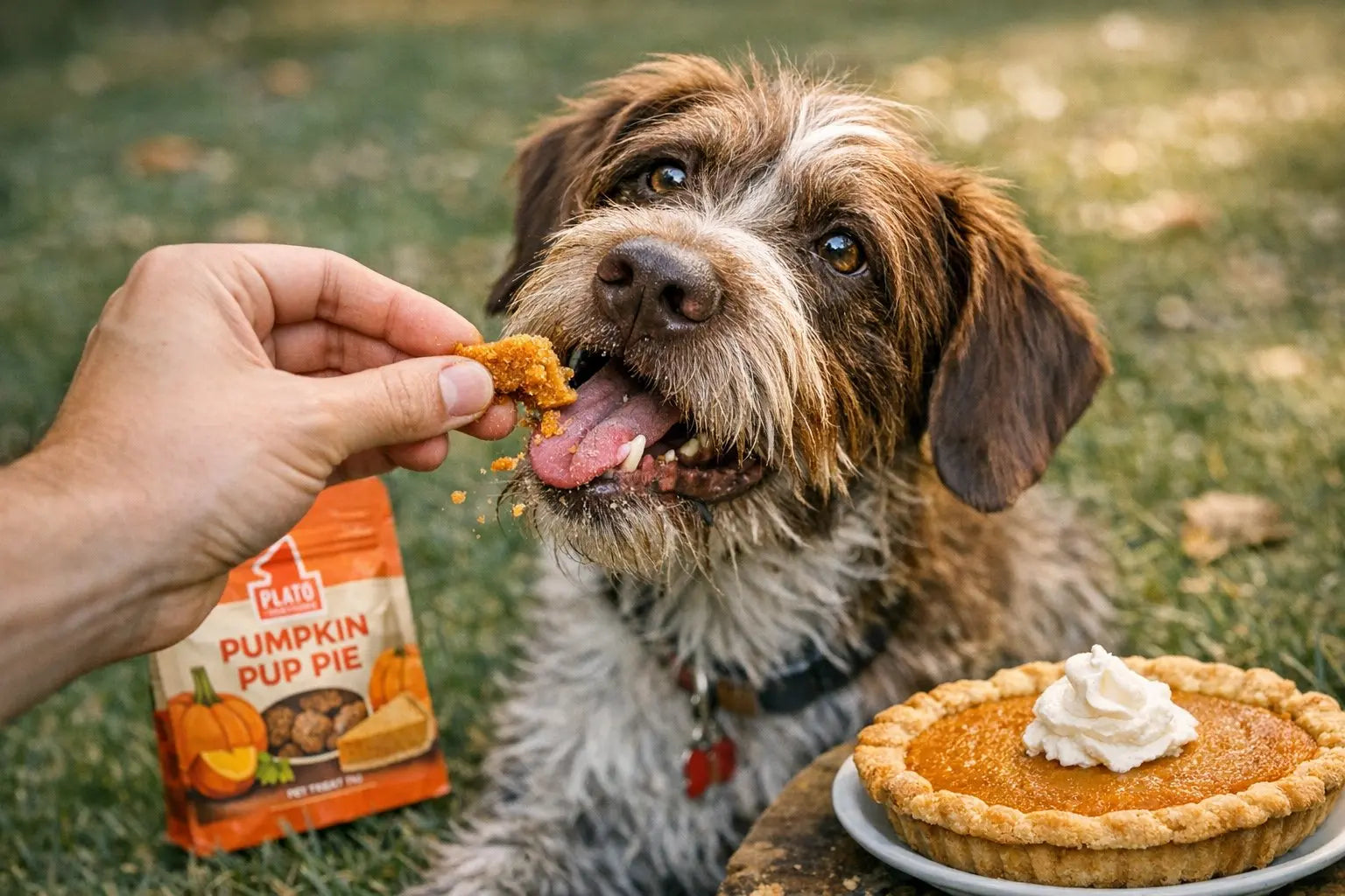 Dog looking at pumpkin pie with a reminder about what to avoid before sharing human desserts