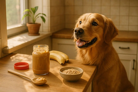 Dog looking excited next to a jar of peanut butter with dog-safe treat options