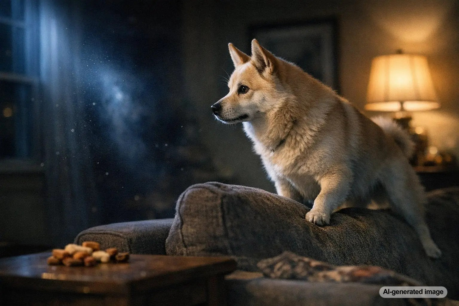 Dog staring into empty room appearing curious about unseen movement