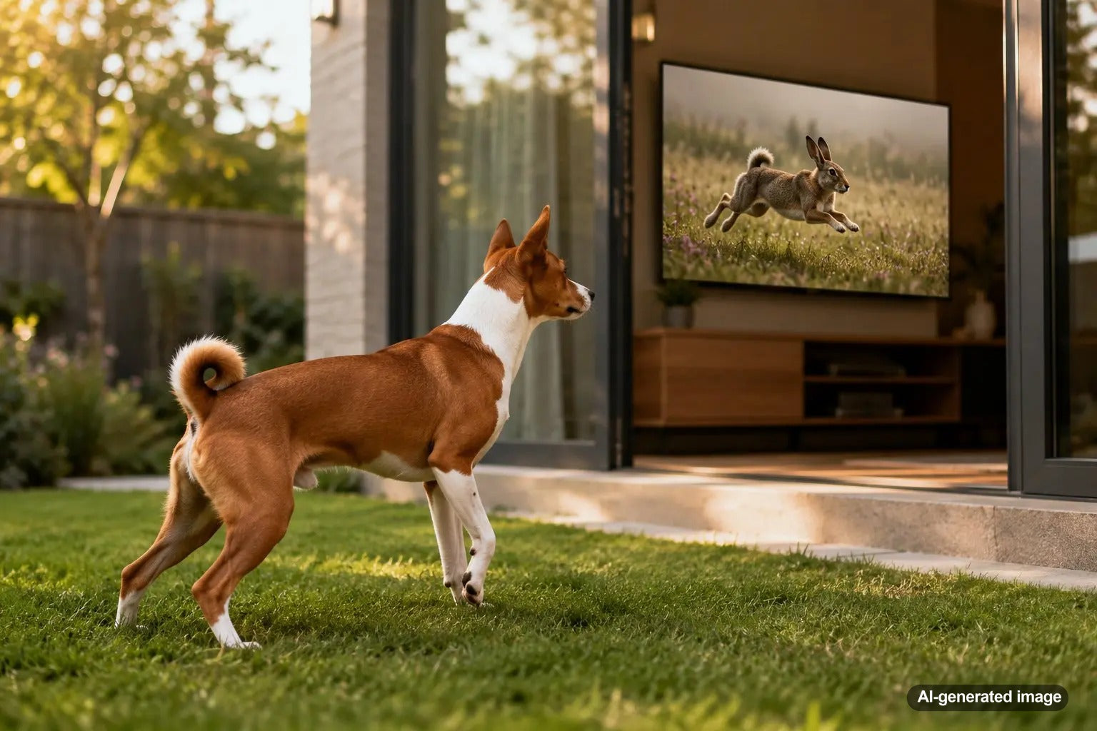 Dog watching an HD television at home while relaxing with Plato Pet Treats