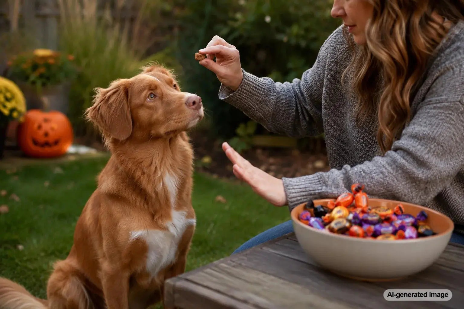 Curious dog near a bowl of wrapped Halloween candy with dog-safe treats offered separately