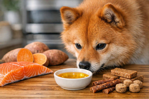 Dog enjoying salmon oil topper on food bowl