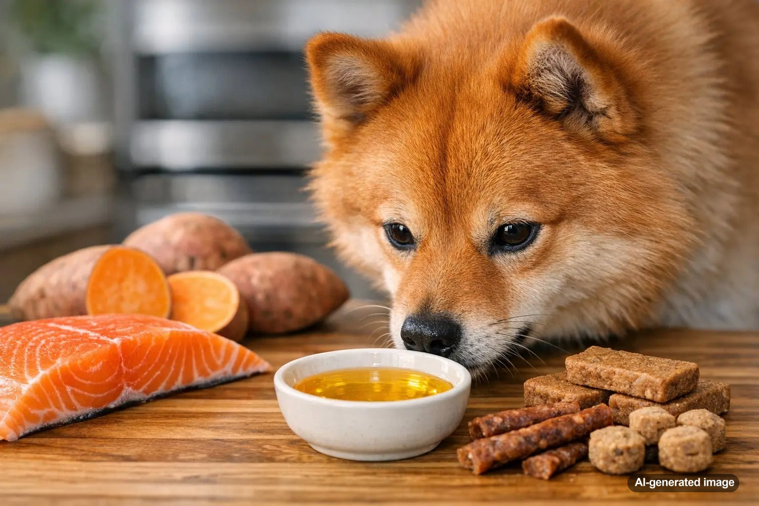 Dog enjoying salmon oil topper on food bowl