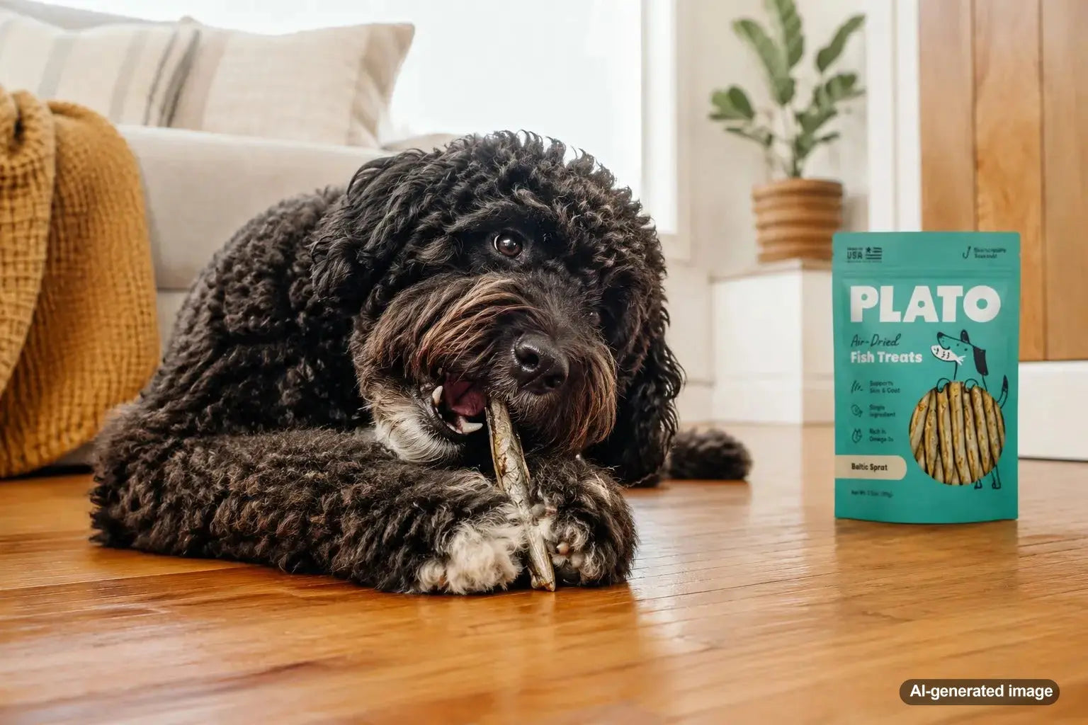 Dog enjoying crunchy fish skin treats for better chewing habits