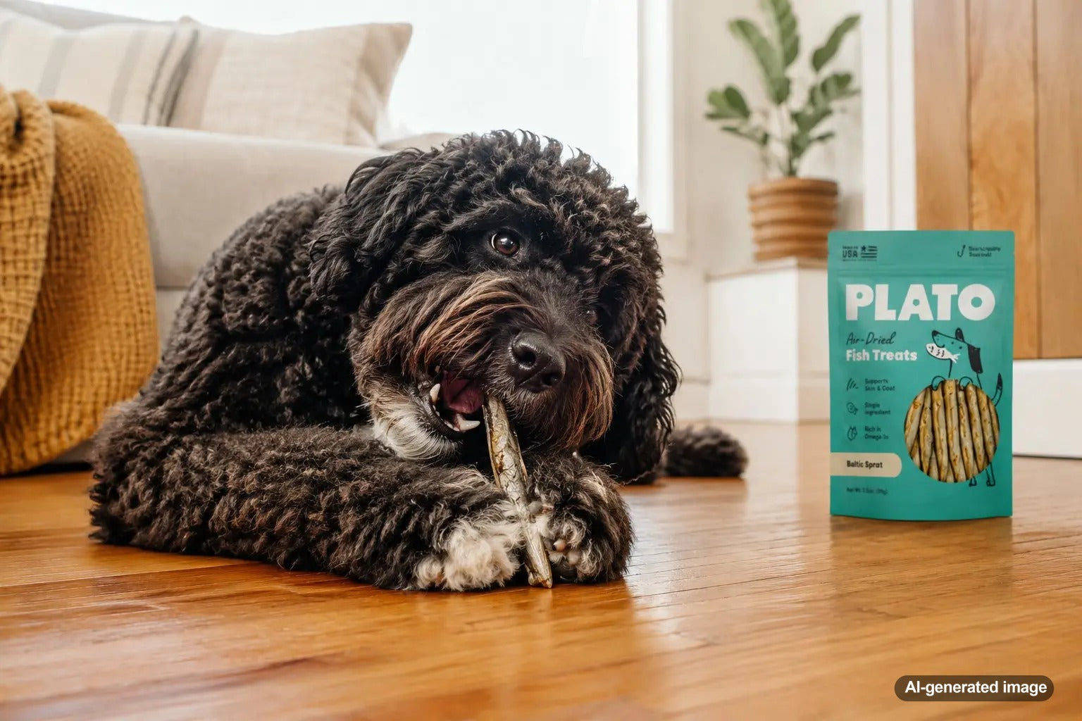 Dog enjoying crunchy fish skin treats for better chewing habits
