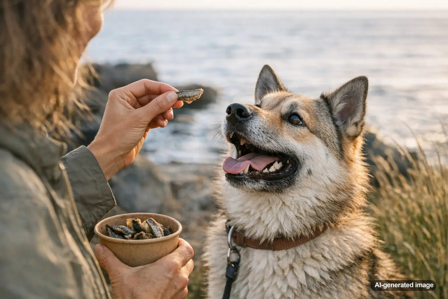 Dog enjoying fish treats as part of a rotational treat plan