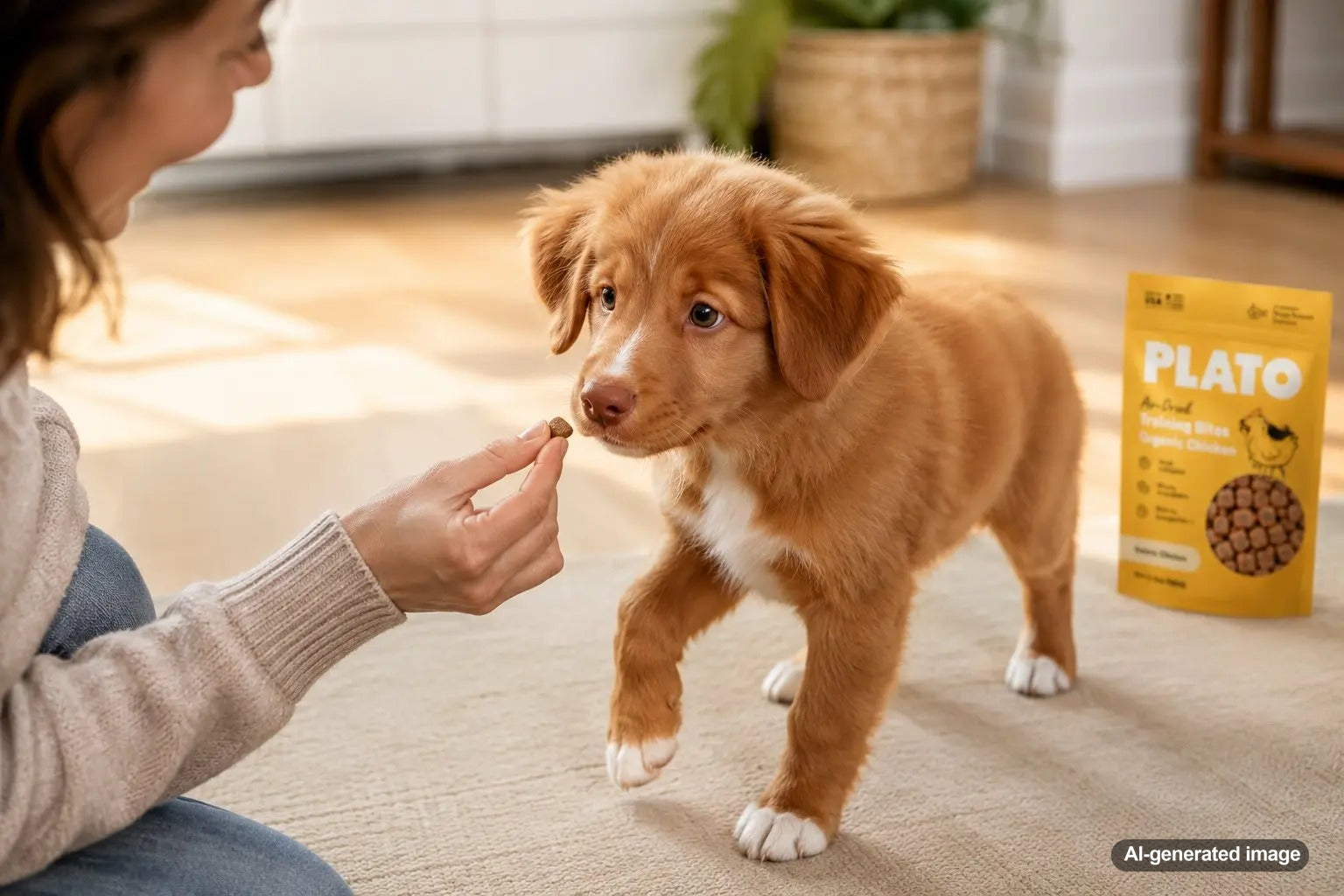 Puppy enjoying chicken dog treats during positive training with Plato Pet Treats