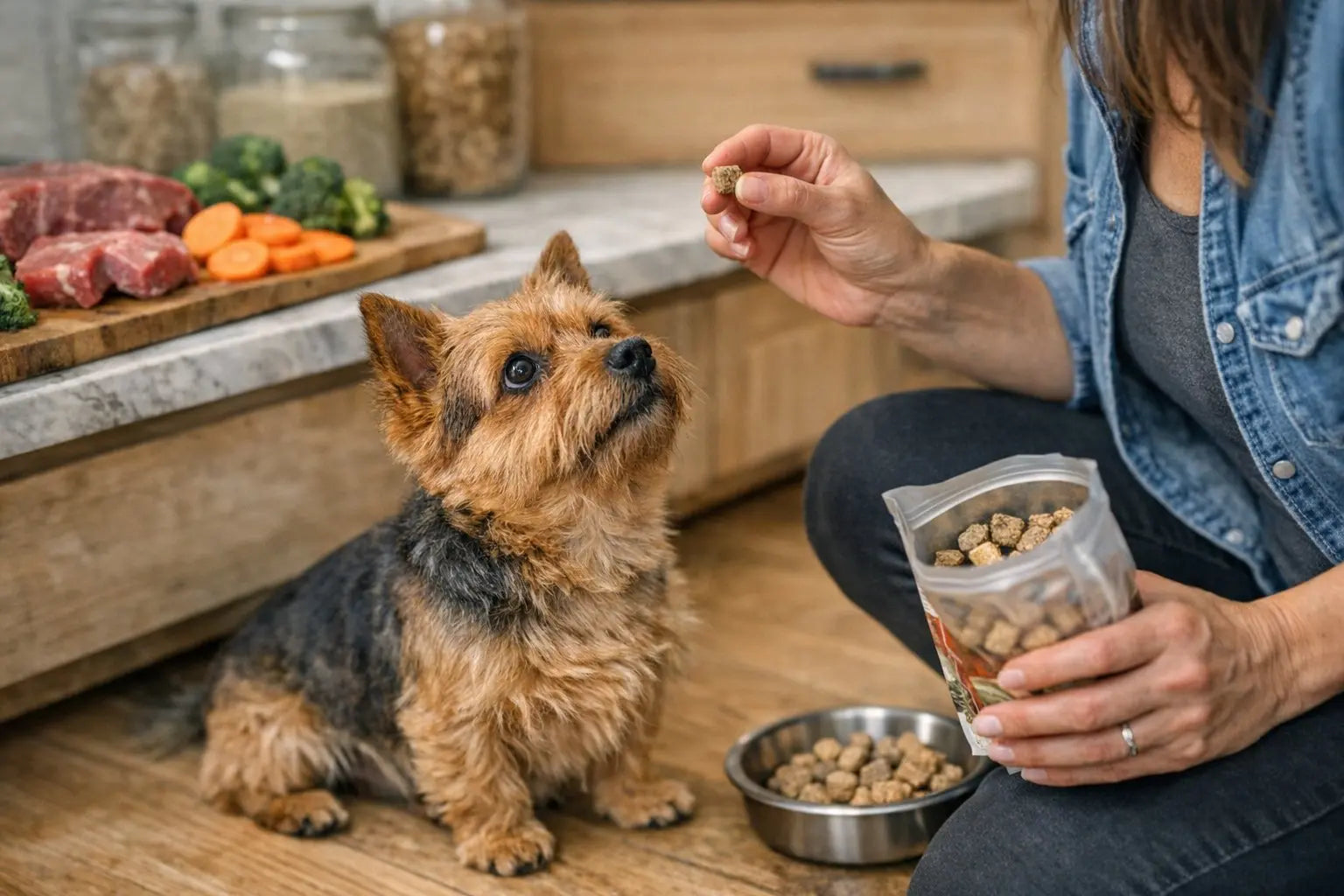 Small breed dog eating a nutrient-dense meal while exploring whether freeze-dried raw dog food can work for tiny dogs