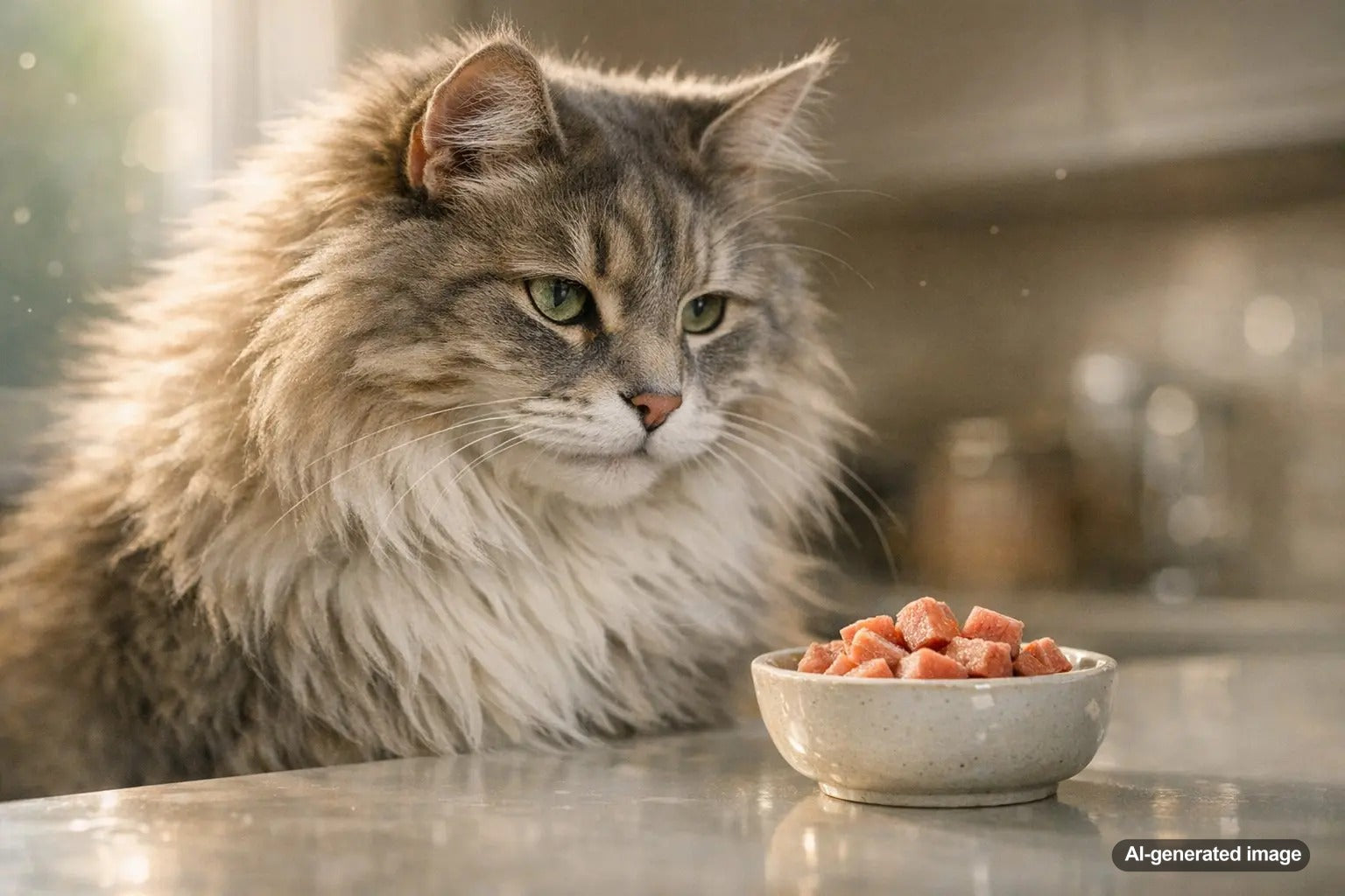 Senior cat enjoying salmon treats while considering iodine intake and balanced nutrition
