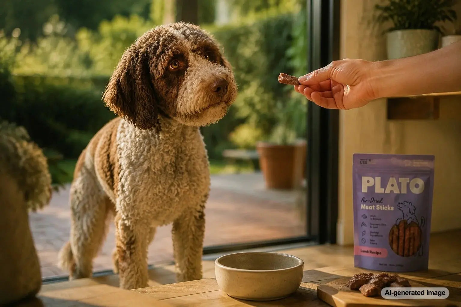 Dog enjoying lamb treats as part of a healthy daily routine