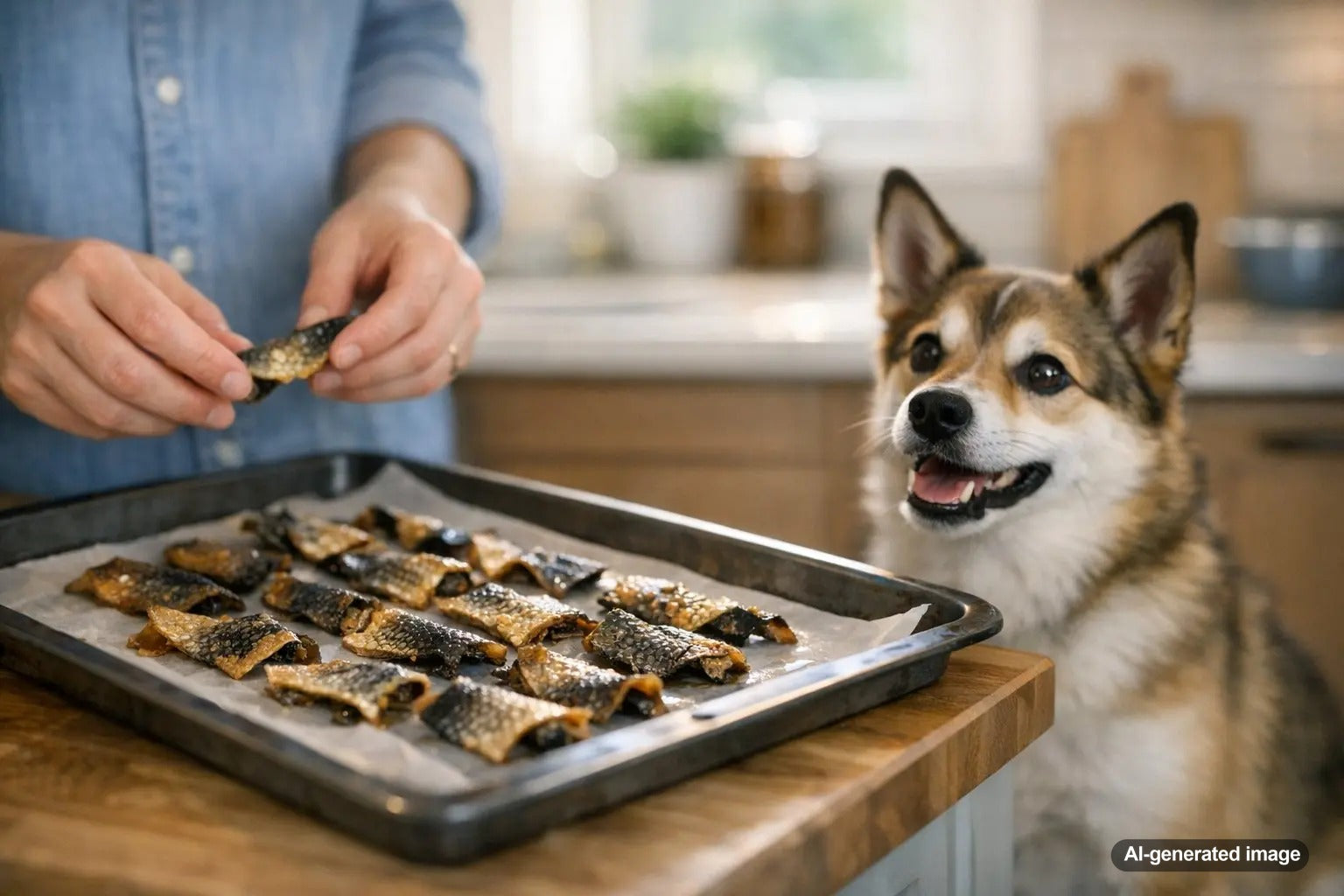 Cooked fish skin served as a possible occasional treat for a curious dog