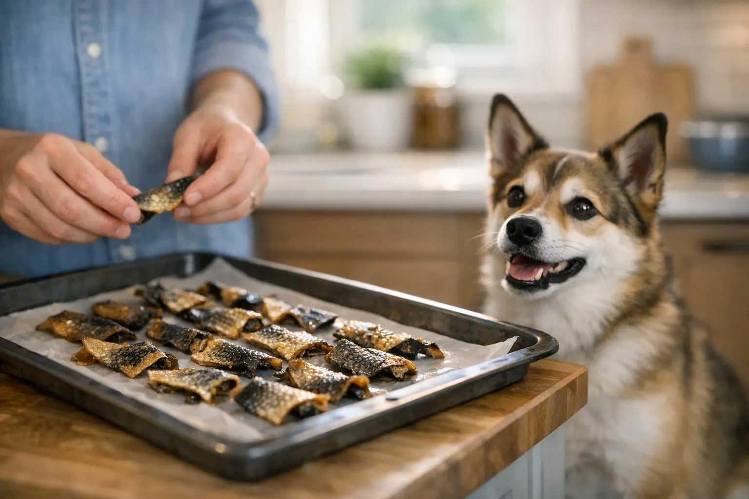 Cooked fish skin served as a possible occasional treat for a curious dog
