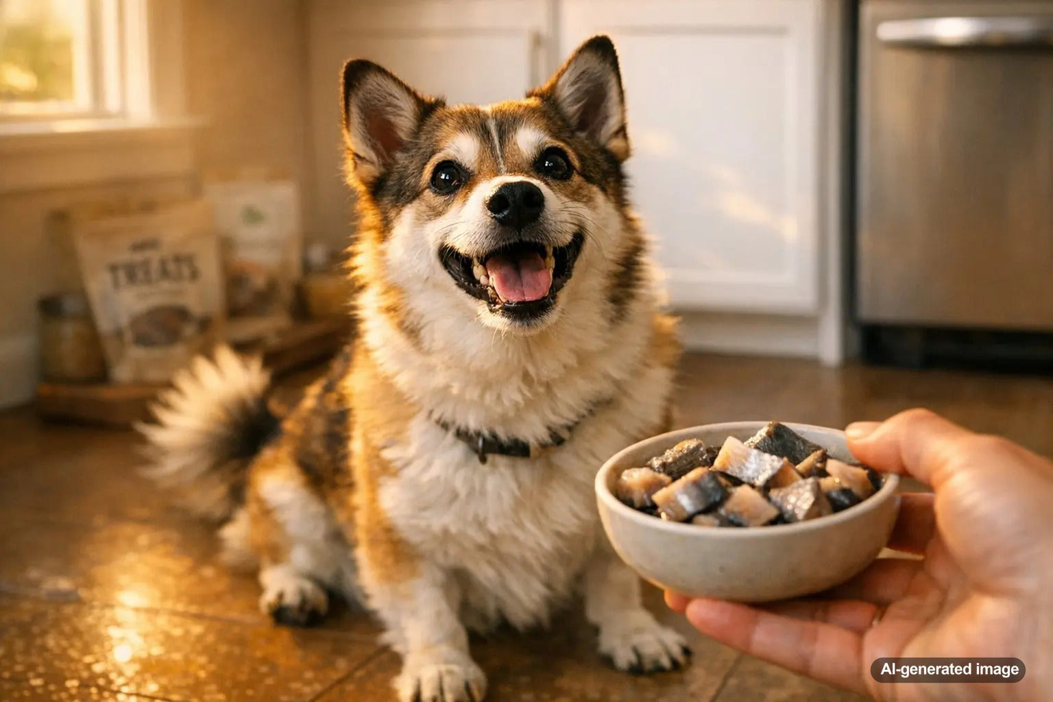 Dog enjoying air dried Baltic herring treat from Plato Pet Treats